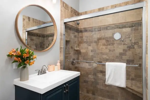 minimal small bathroom with brown shower wall bricks -small bathroom shower remodel