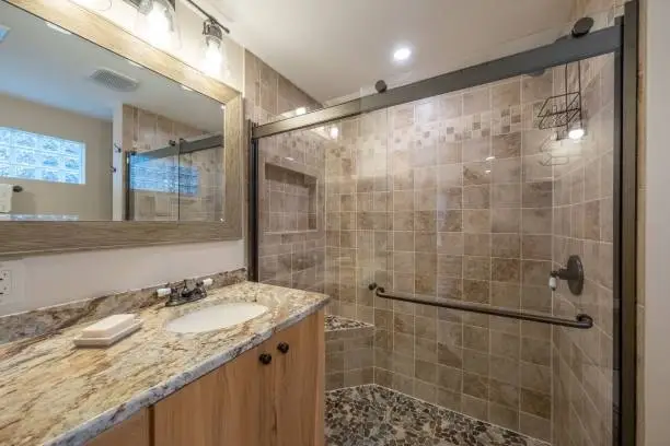 modern bathroom with luxurious tiles -how long does a bathroom remodel take