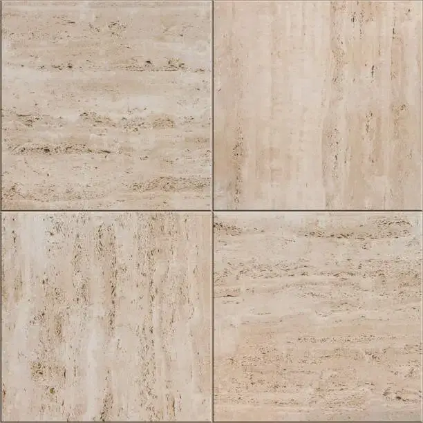 Four beige travertine tiles with natural textured patterns. -floor tiles